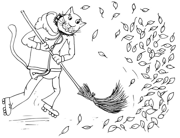 Katze auf Walze, um Besen in Straße Herbst Blätter von Hand gezeichnet Grafik Design Element Stock Vektor Illustration für Web, zum Druck - Vektor, Bild