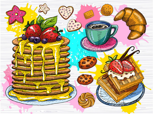 Colorful sweet breakfast set. Panckakes, crepes, waffie, cup of coffee, cookies, strawberry, chocolate, desserts, vanilla sticks, croissant. Sketch style, color splash. Hand drawn vector - Vector, Image