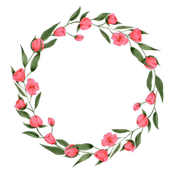 Wreath of hand painted crimson flowers, greeting card template, hand painted on a white background - Fotó, kép