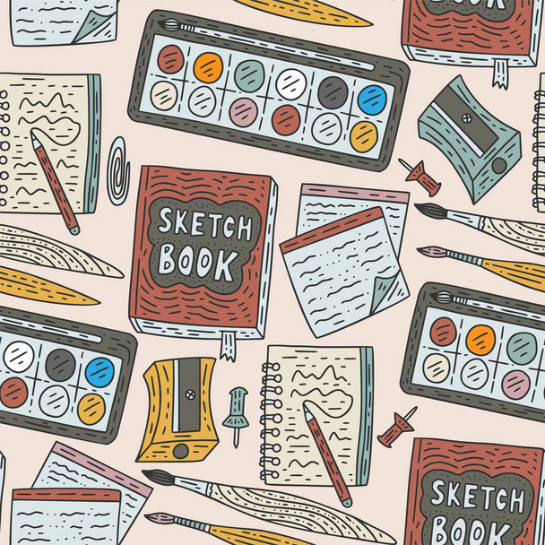 Escribir accesorios vector patrón sin costura. Doodle materiales de dibujo de color para la escuela y el arte con pluma, lápiz, tinta, pincel, y otros
. - Vector, imagen