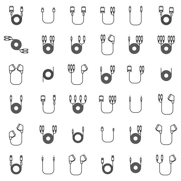 Icons of cord and cable with plugs of thin lines isolated on white background, vector illustration. - Vector, Image