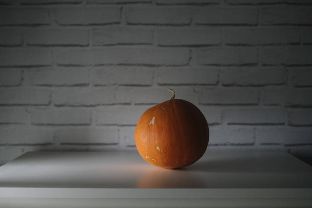 テーブルと壁の白い背景の上のハロウィンかぼちゃ. - 写真・画像