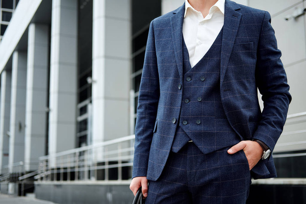 Businessman style. Men style. Man in custom tailored business suit posing outdoors - Valokuva, kuva