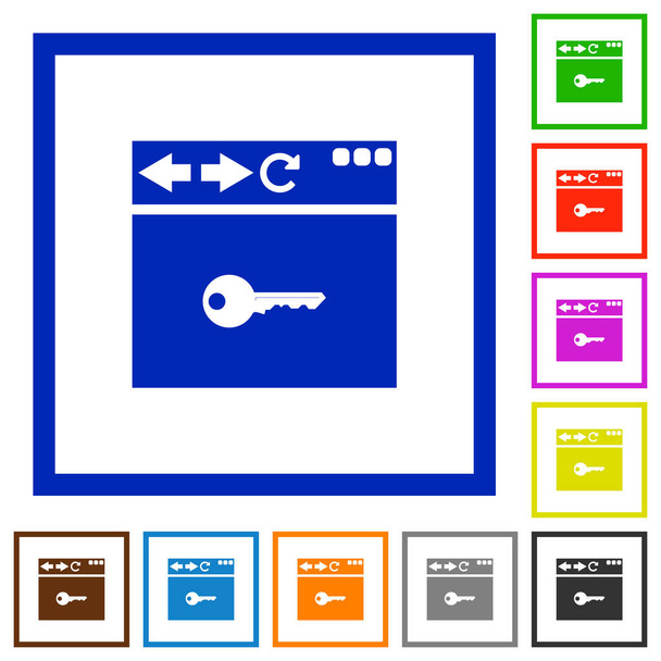 Prohlížeč šifrovat ploché barevné ikony v čtverečních rámy na bílém pozadí - Vektor, obrázek