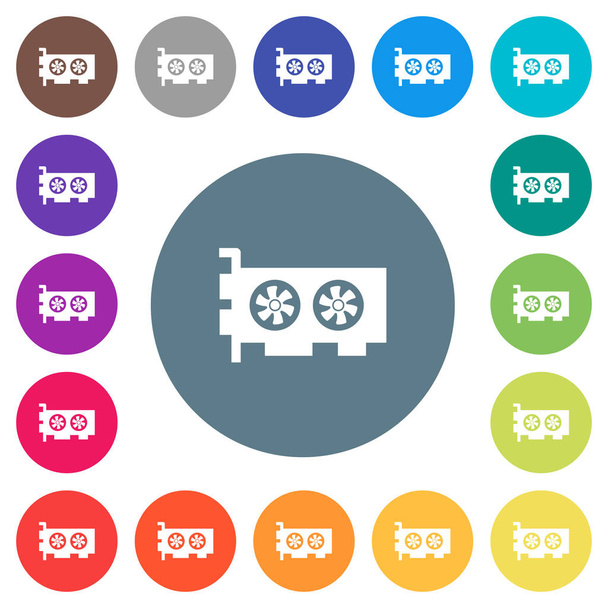 Computer video card flat white icons on round color backgrounds. 17 background color variations are included. - Vector, Image