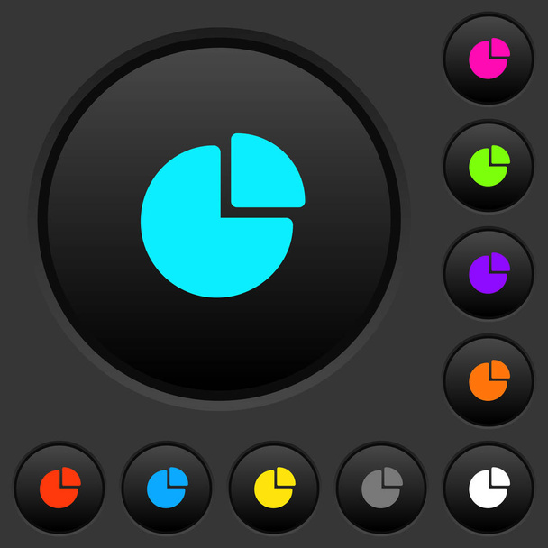 Pie chart dark push buttons with vivid color icons on dark grey background - Wektor, obraz