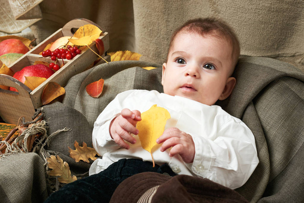 őszi fogalma - gyermek fiú hazugság a sárga levelek, gyümölcsök és vegatbles, piros alma, sütőtök - Fotó, kép