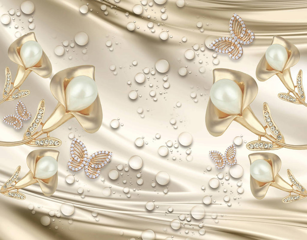 Modern ideas in the design interior. 3d wallpapers with calla lilies, butterflies, water drops, pearls and gold jewelry on the background of silk will visually expand the space in the room, bring in more light and become accent in the interior - Foto, Bild