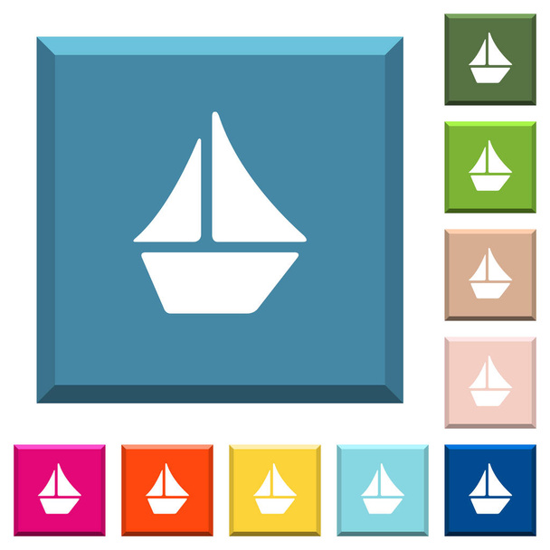 Segelboot weiße Symbole auf eckigen Knöpfen in verschiedenen trendigen Farben - Vektor, Bild