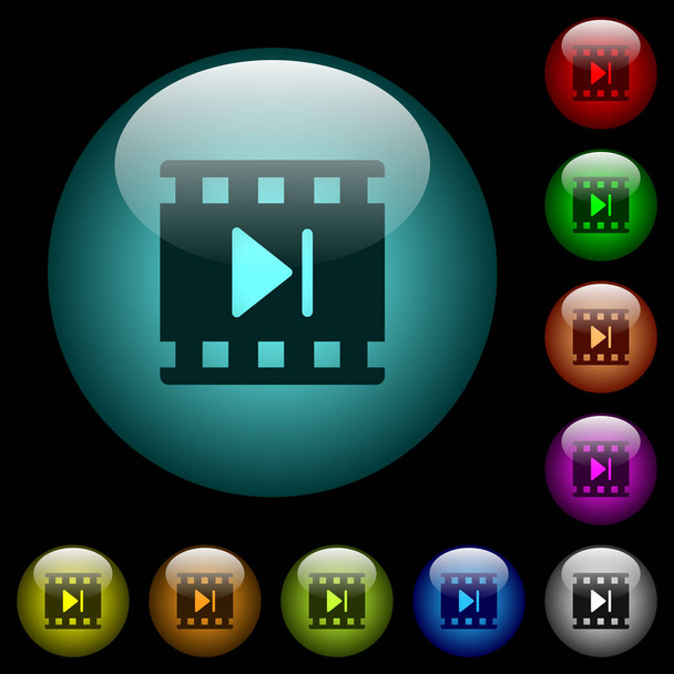 Next movie icons in color illuminated spherical glass buttons on black background. Can be used to black or dark templates - Vector, Image