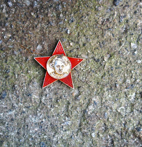 Foto de un icono rojo que representa a Ulyanov Lenin. El escudo de armas y la bandera de la Unión Soviética. Fondo de la URSS
 - Foto, imagen