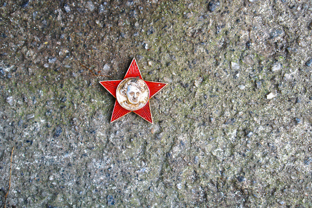 Foto de un icono rojo que representa a Ulyanov Lenin. El escudo de armas y la bandera de la Unión Soviética. Fondo de la URSS
 - Foto, imagen