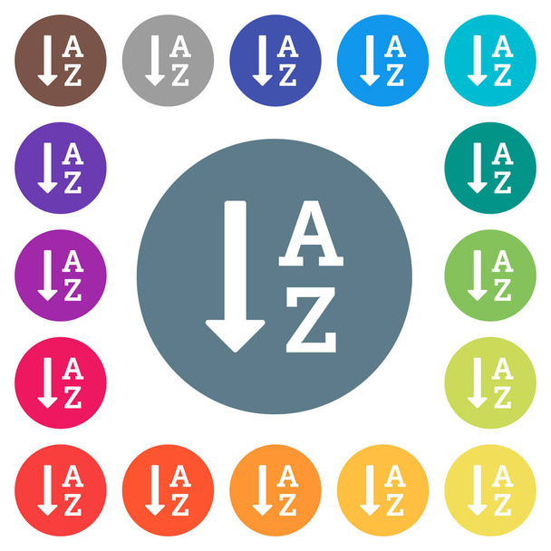 Alfabetisch oplopend geordende lijst platte witte pictogrammen op een ronde kleur achtergrond. 17 achtergrond kleurvariaties zijn opgenomen. - Vector, afbeelding