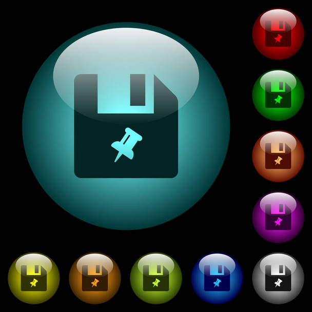 Ikony plików PIN w kolorowe przyciski podświetlane szklane na czarnym tle. Może służyć do szablonów czarny lub ciemny - Wektor, obraz