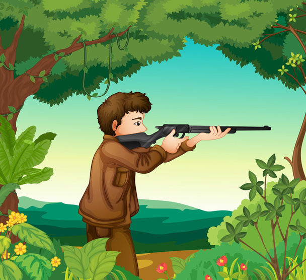 森の中の銃を持つ少年 - ベクター画像
