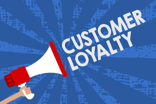 Handwriting text Customer Loyalty. Concept meaning result of consistently positive emotional experience Man holding megaphone loudspeaker grunge blue rays important messages. - Photo, Image