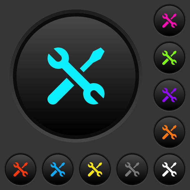 Manutenzione pulsanti scuri con icone a colori vivaci su sfondo grigio scuro
 - Vettoriali, immagini