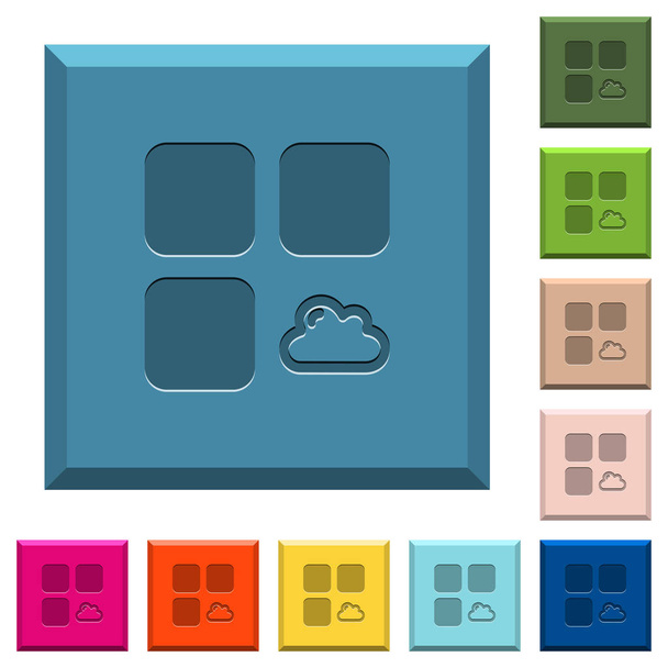 Componente de nube iconos grabados en botones cuadrados con bordes en varios colores de moda
 - Vector, Imagen