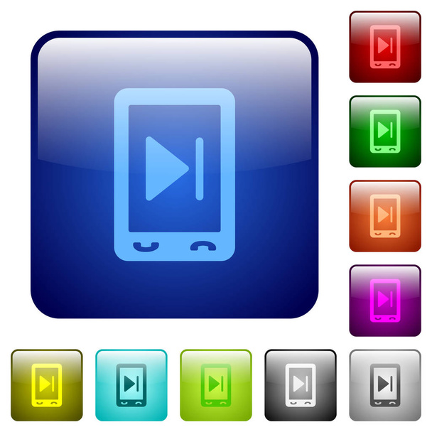 丸みを帯びた正方形の色の光沢のあるボタンのセットでモバイル メディア次のアイコン - ベクター画像