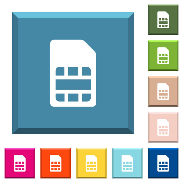 SIM-картки білі піктограми на обрізаних квадратних кнопках в різних модних кольорах
 - Вектор, зображення