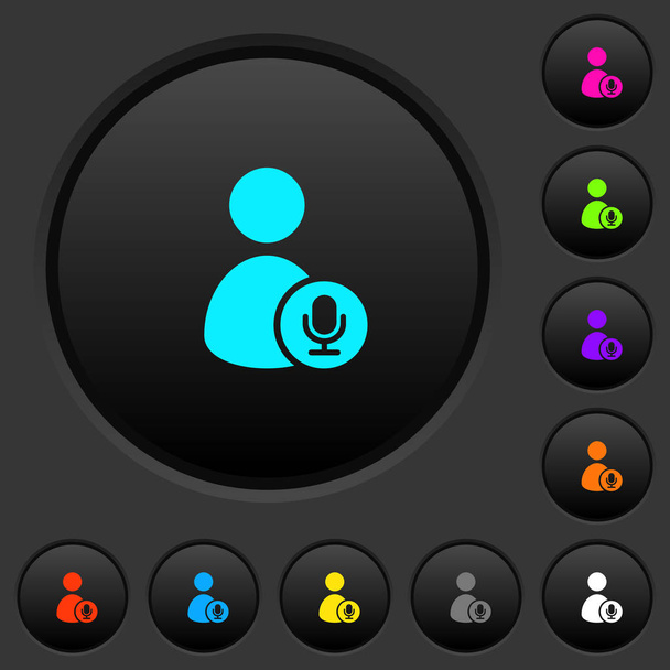 User broadcasting dark push buttons with vivid color icons on dark grey background - Vektör, Görsel