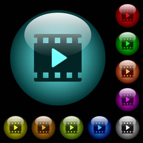 Αναπαραγωγή ταινίας εικονίδια στα κουμπιά φωτιζόμενο Σφαιρικό γυαλί χρώμα σε μαύρο φόντο. Μπορεί να χρησιμοποιηθεί σε μαύρο ή σκούρο πρότυπα - Διάνυσμα, εικόνα
