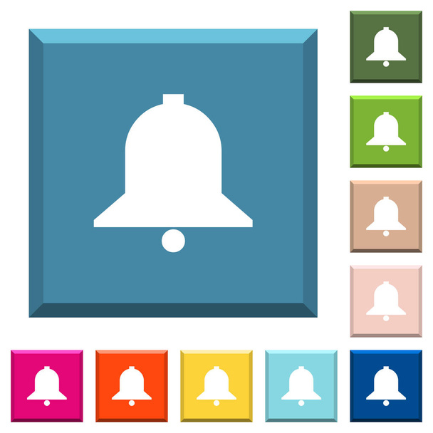 Iconos blancos de campana única en botones cuadrados con bordes en varios colores de moda
 - Vector, imagen
