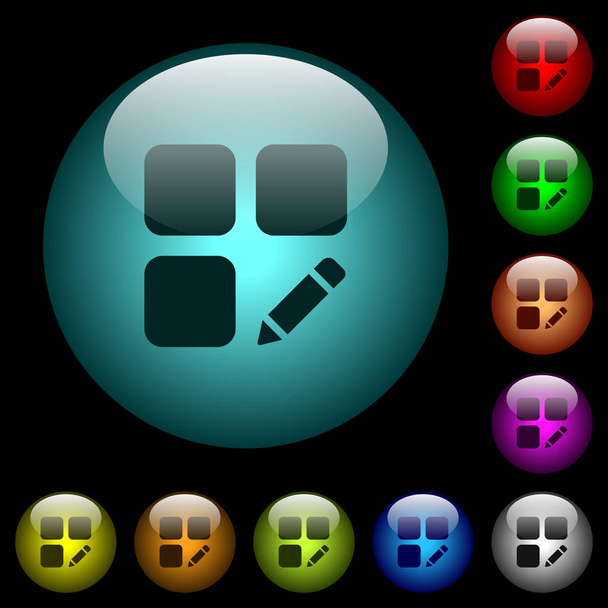 Rename component icons in color illuminated spherical glass buttons on black background. Can be used to black or dark templates - Vector, Image