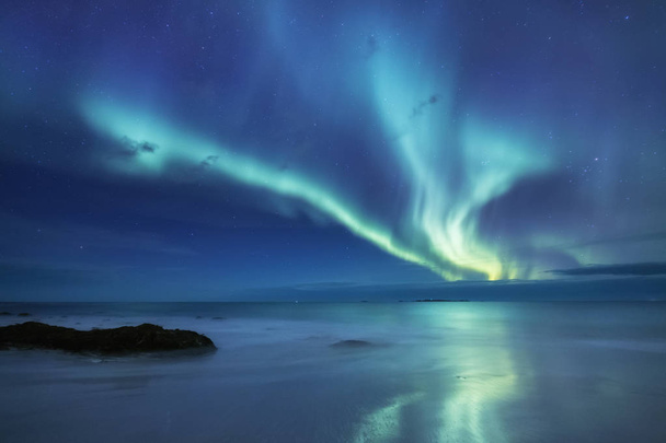Aurora borealis Lofoten saarilla, Norjassa. Vihreät revontulet meren yllä. Yötaivas napavaloilla. Yö talvi maisema revontulet ja heijastus veden pinnalla. Luonnon tausta Norjassa
 - Valokuva, kuva