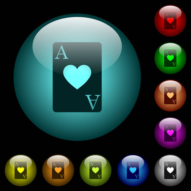 Ás de ícones de cartão de corações em botões de vidro esféricos iluminados a cores no fundo preto. Pode ser usado para modelos pretos ou escuros
 - Vetor, Imagem