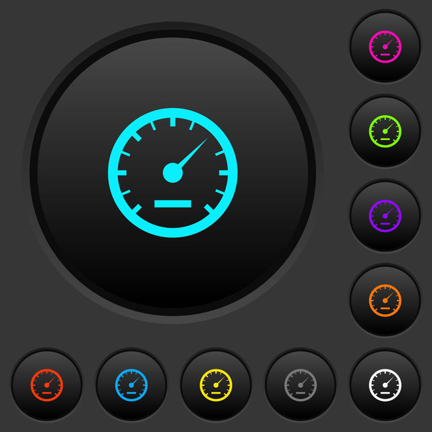 スピード メーター暗い暗い灰色の背景に色鮮やかなアイコンとボタンを押す - ベクター画像