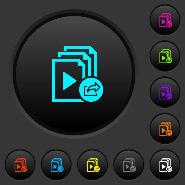 Export der Playlist dunkle Tasten mit lebendigen Farbsymbolen auf dunkelgrauem Hintergrund - Vektor, Bild