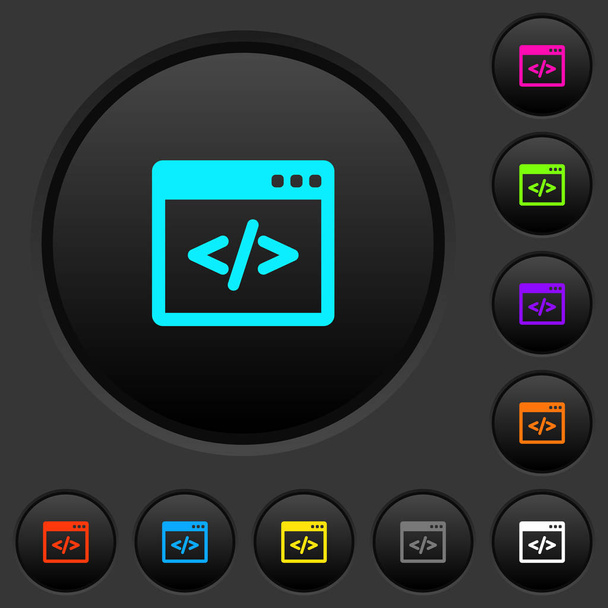 Programmeercode in de software venster donkere drukknoppen met pictogrammen met levendige kleuren op donkere grijze achtergrond - Vector, afbeelding