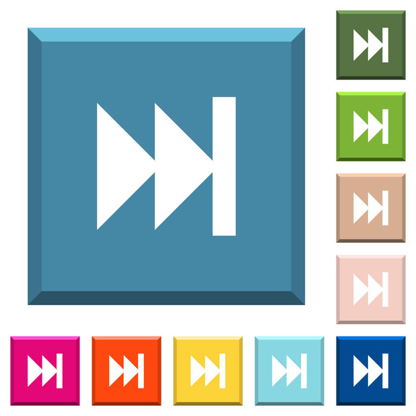 Media vooruitspoelen witte pictogrammen op geslepen vierkante knoppen in verschillende trendy kleuren - Vector, afbeelding