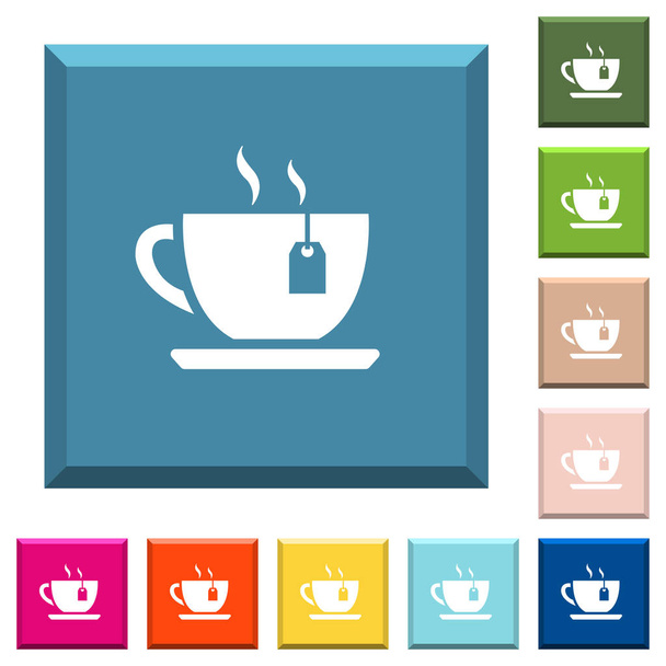Taza de té con iconos blancos de la bolsita de té en botones cuadrados con bordes en varios colores de moda
 - Vector, Imagen