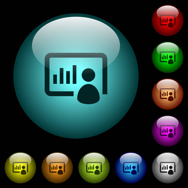 Presentation icons in color illuminated spherical glass buttons on black background. Can be used to black or dark templates - Wektor, obraz