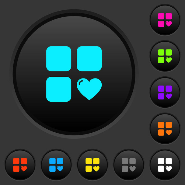 Componente favorito botões escuros com ícones de cores vivas no fundo cinza escuro
 - Vetor, Imagem