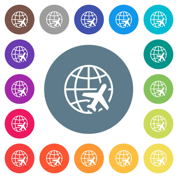 Weltreise flache weiße Symbole auf runden farbigen Hintergründen. 17 Farbvarianten im Hintergrund sind enthalten. - Vektor, Bild