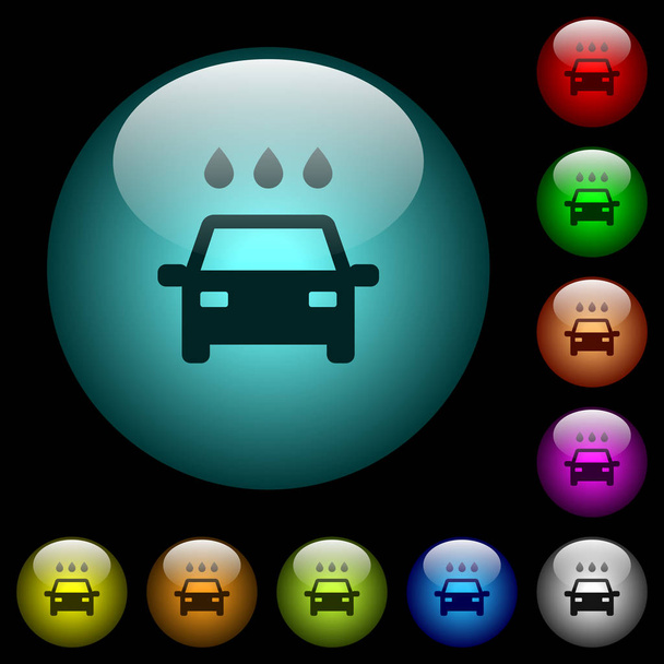 黒い背景色照らされた球形ガラス ボタンでアイコンは洗車。黒または暗い色のテンプレートを使用することができます。 - ベクター画像