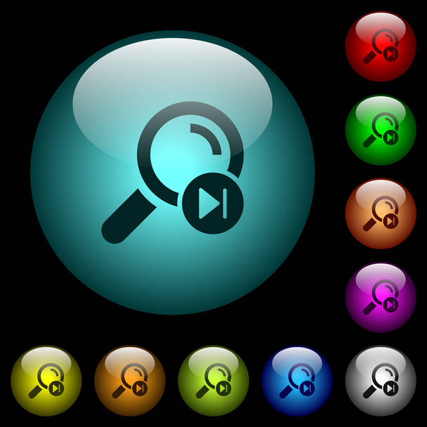 Find next search result icons in color illuminated spherical glass buttons on black background. Can be used to black or dark templates - Vector, Image