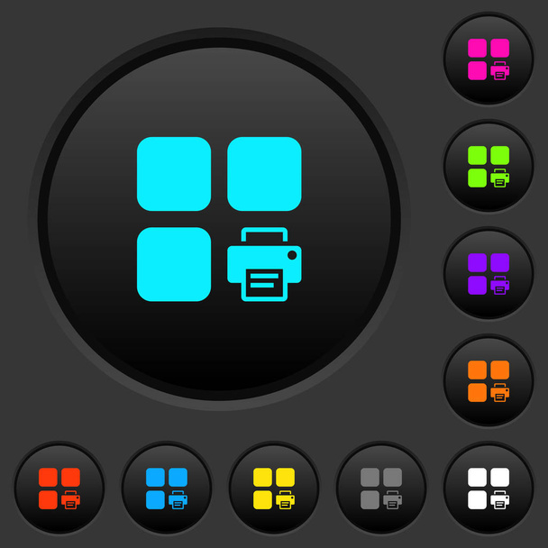 Тёмные кнопки печати с яркими цветовыми иконками на темно-сером фоне
 - Вектор,изображение