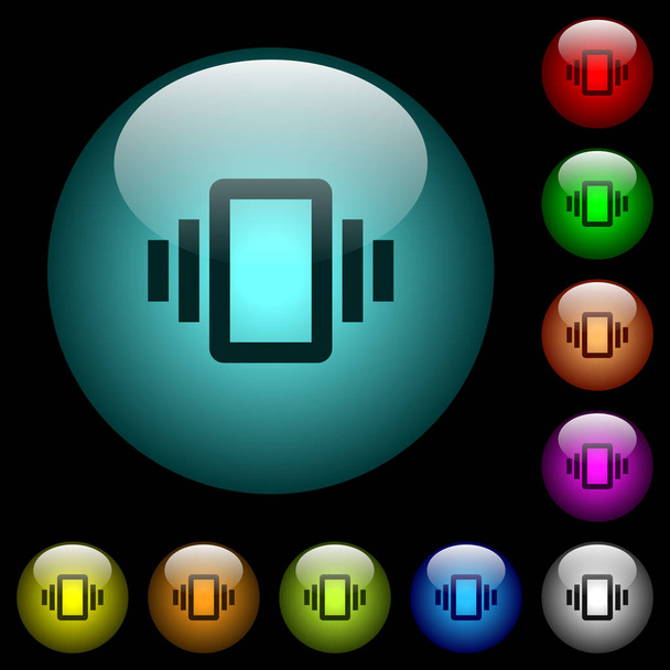Smartphone rezgés ikonok színes világító gömb alakú üveg gombok a fekete háttér. Lehet használni, hogy fekete vagy sötét sablonok - Vektor, kép