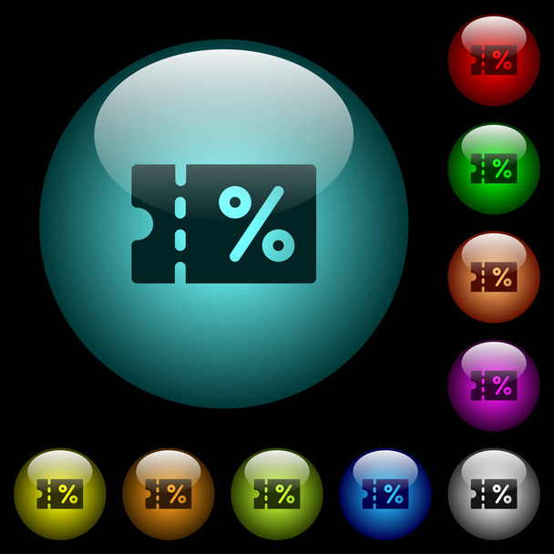 Coupon icons in color illuminated spherical glass buttons on black background. Can be used to black or dark templates - Vettoriali, immagini
