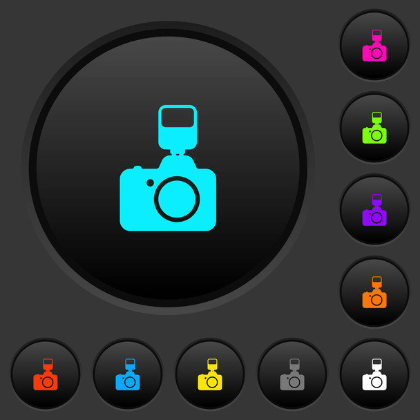 Φωτογραφική μηχανή με flash σκούρο κουμπιά με εικονίδια ζωηρό χρώμα σκούρο γκρι φόντο - Διάνυσμα, εικόνα