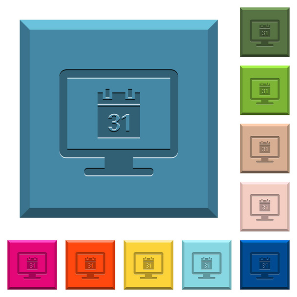 Online kalendář vyryto ikony na omítané čtverečních tlačítek v různých módních barvách - Vektor, obrázek