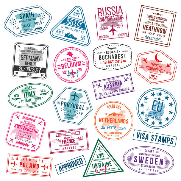 Set of visa stamps for passports. International and immigration office stamps. Arrival and departure visa stamps to Europe - Spain, Germany, Portugal, Turkey, Poland, Russia, United Kingdom etc. Vector - Vektor, obrázek