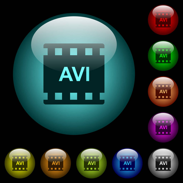 AVI movie format icons in color illuminated spherical glass buttons on black background. Can be used to black or dark templates - Вектор,изображение