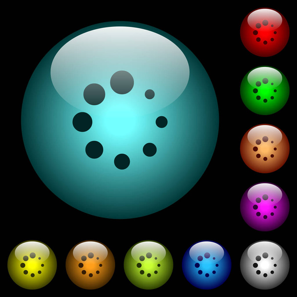 Preloader symbol icons in color illuminated spherical glass buttons on black background. Can be used to black or dark templates - Vector, Image
