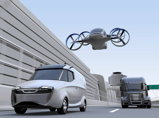 Drone de pasajeros volando sobre furgoneta de reparto y camión en la carretera. Imagen de renderizado 3D
. - Foto, imagen