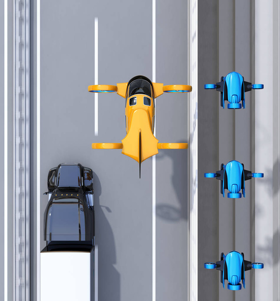 Antenni näkymä oranssi Matkustaja Drone Taksi lentää laivaston toimitus drones ja kuorma ajo moottoritiellä. 3D-renderöintikuva
. - Valokuva, kuva